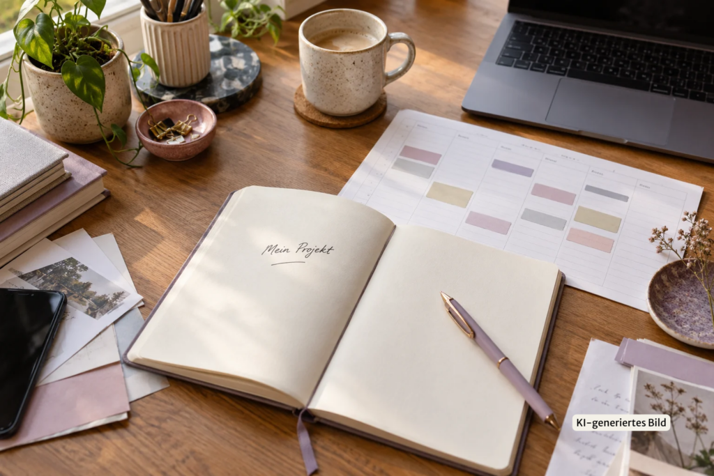 Aufgeschlagenes Notizbuch mit der Aufschrift „Mein Projekt“ neben einem Laptop und einem Wochenkalender auf einem Schreibtisch.